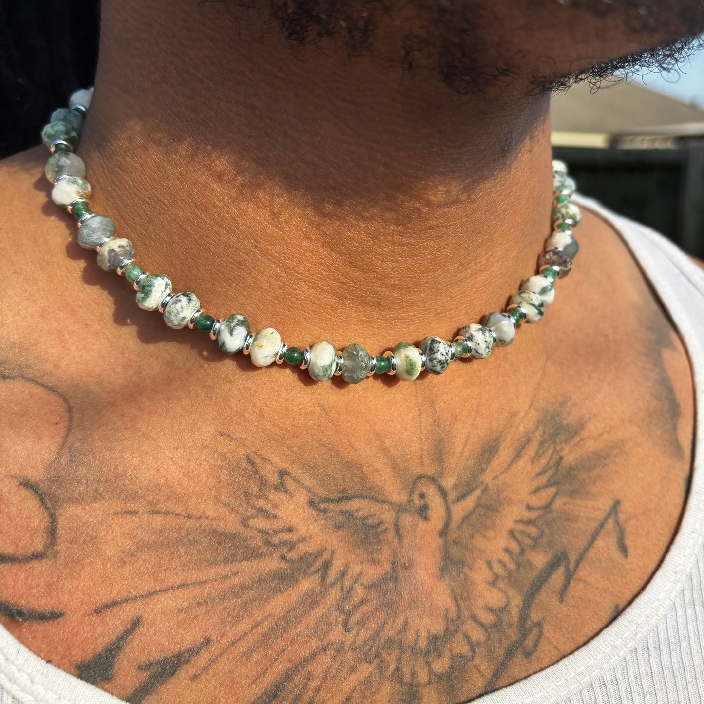 Green Moss Agate and Emerald Necklace