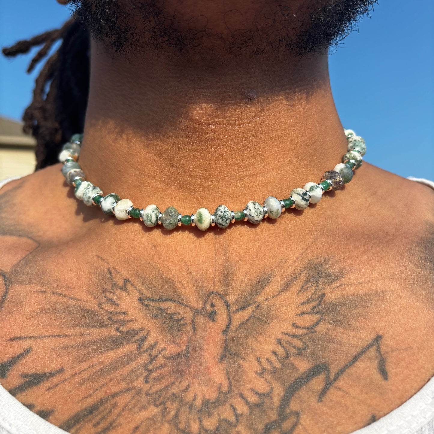 Green Moss Agate and Emerald Necklace