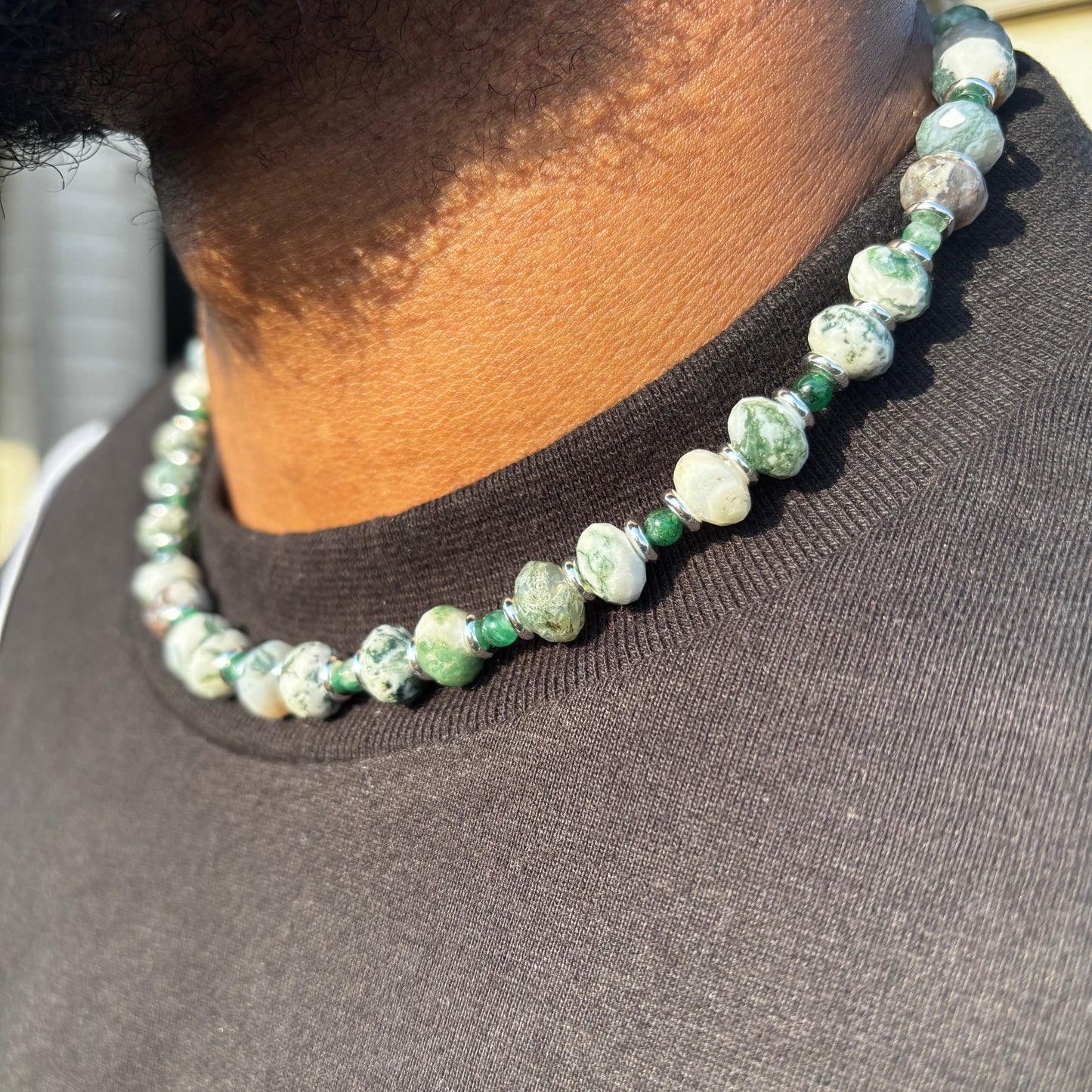 Green Moss Agate and Emerald Necklace