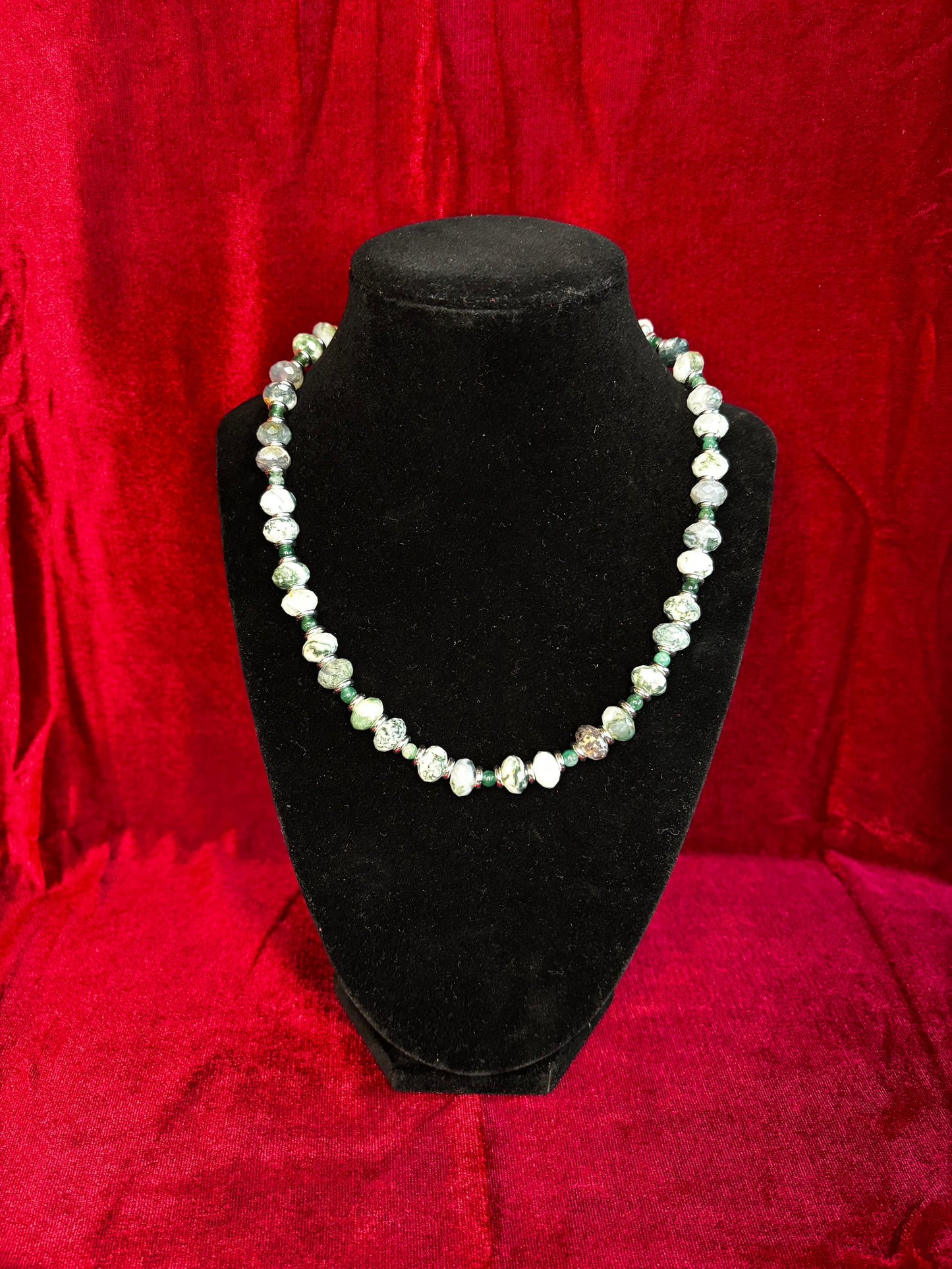 Green Moss Agate and Emerald Necklace