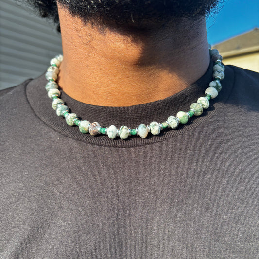 Green Moss Agate and Emerald Necklace